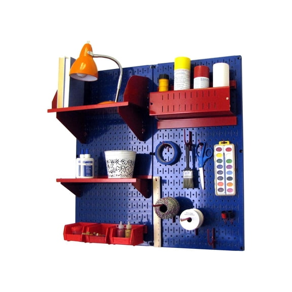 Wall Control Pegboard Hobby Craft Pegboard Organizer Storage Kit with Blue Pegboard and Red Accessories