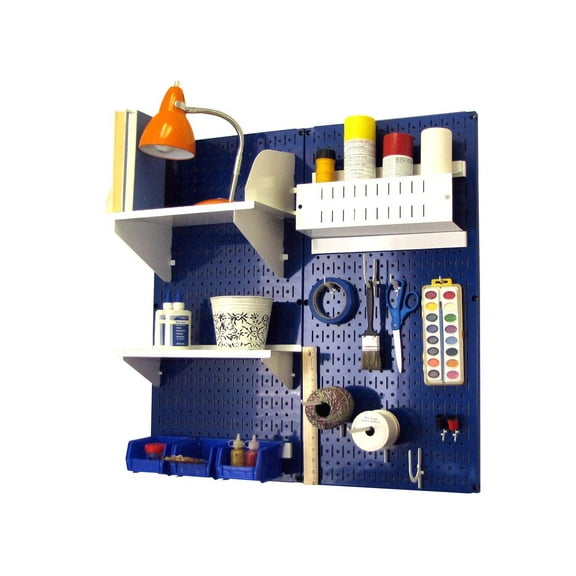 Wall Control Pegboard Hobby Craft Pegboard Organizer Storage Kit with Blue Pegboard and White Accessories