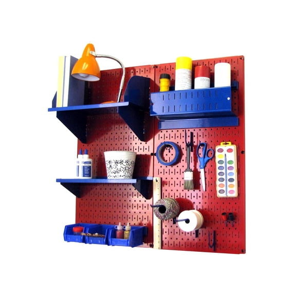 Wall Control Pegboard Hobby Craft Pegboard Organizer Storage Kit with Red Pegboard and Blue Accessories