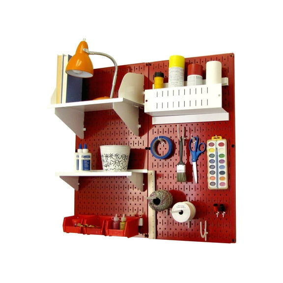 Wall Control Pegboard Hobby Craft Pegboard Organizer Storage Kit with Red Pegboard and White Accessories