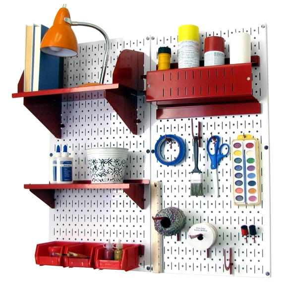 Wall Control Pegboard Hobby Craft Pegboard Organizer Storage Kit with White Pegboard and Red Accessories