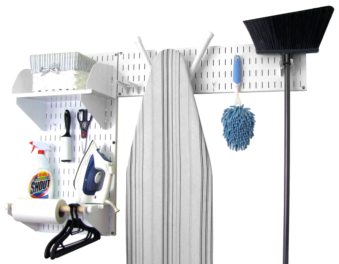 White Steel Wall Mounted Laundry Room Organizer with Shelves and Hooks