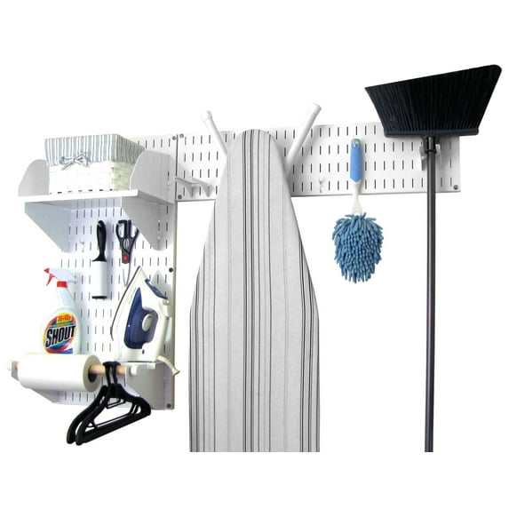 Wall Control Standard Laundry Room Closet Wall Organizer System – White Wall Organizer Panels with White Hooks and Accessories