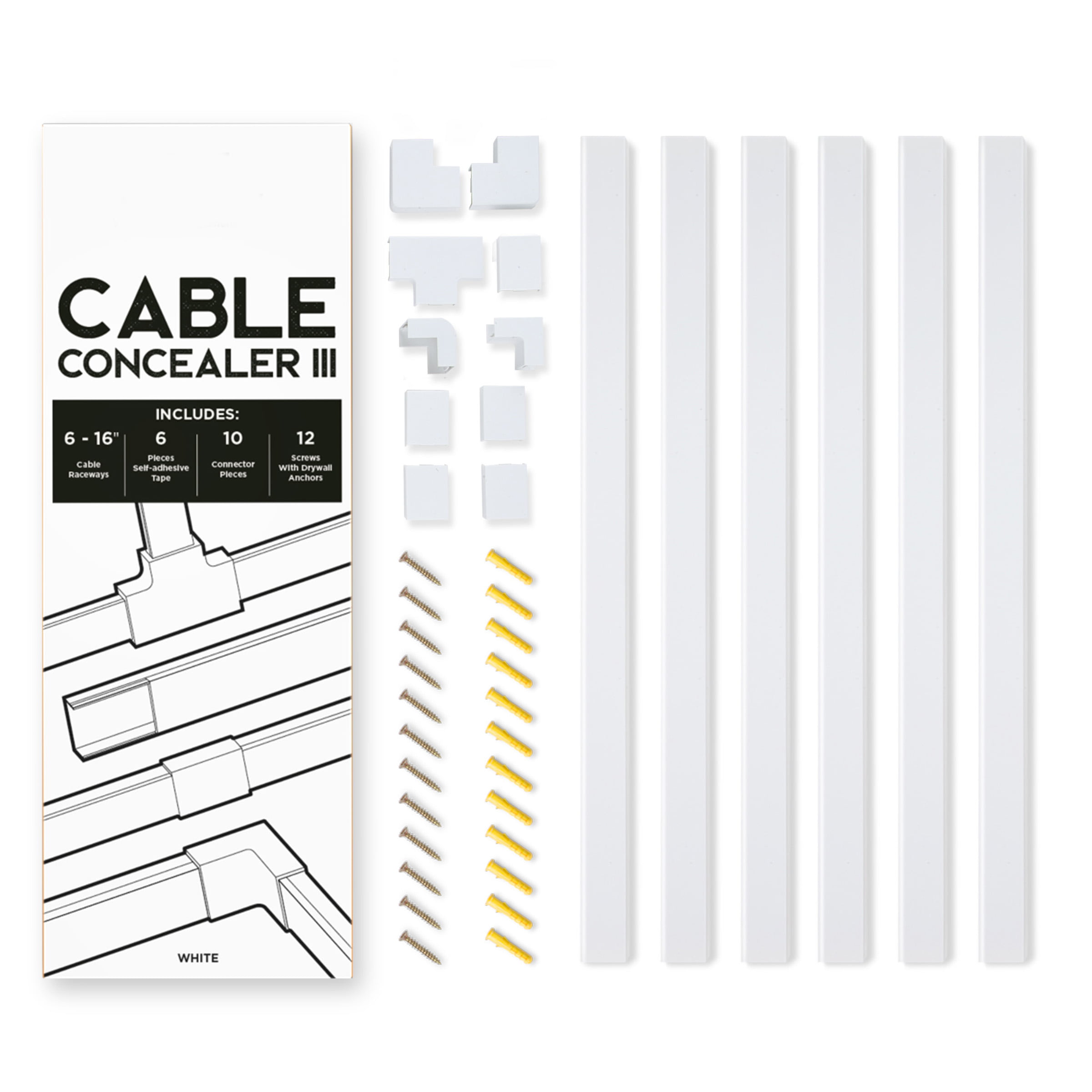 On-Wall Cable Concealer Kit Hides TV Cords, 4X 11 inch White Cable Raceways  Can Be Fit Together to Any Length for Home Theater, TV and Office