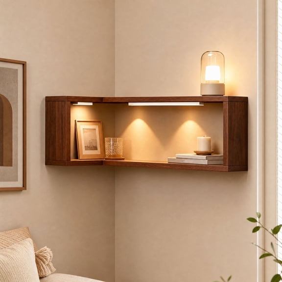 Wall Corner Wood Storage Rack, Wall Mount Display Stand with Two Rechargeable Magnetic Lamps, for Bedroom and Living Room