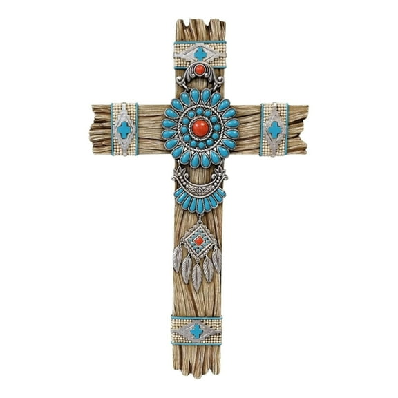 Southwest Dream Catcher Wall Cross with Faux Turquoise Gemstone – Rustic Faux Wood Design – Inspirational Cross for Cabin, Rustic, or Boho Interiors – Easy to Mount Religious Gift