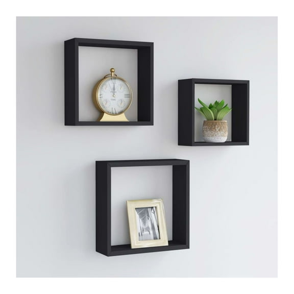Wall Cube Shelves 3 Pcs Black - Modern Floating Shelves for Books, Ornaments & Decor - MDF Cube Organizer Set - Easy Install