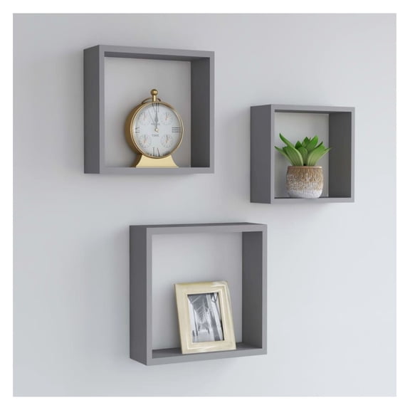 Wall Cube Shelves 3 Pcs Gray - Modern Floating Shelves for Books, Ornaments & Decor - MDF Cube Organizer Set for Living Room, Bedroom, Office Grey