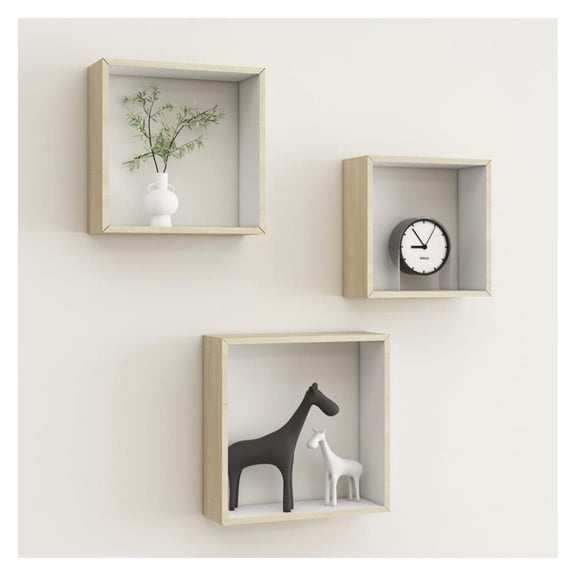 Wall Cube Shelves 3 Pcs - White & Sonoma Oak - Floating Shelves for Living Room, Bedroom, Office - Modern Decorative Shelves for Books, Photos, Collectibles