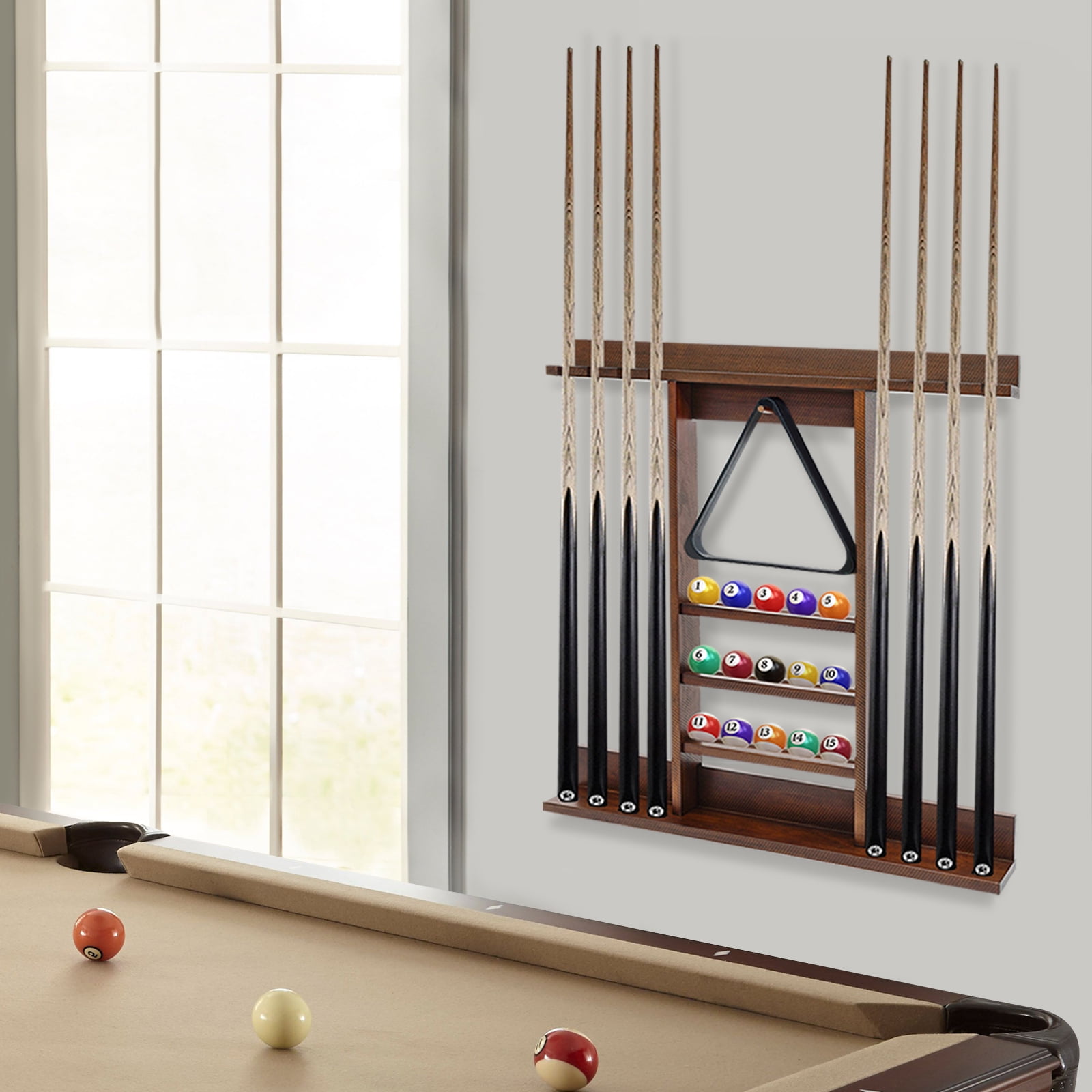 Wall Cue Rack, Pool Stick Holder Wall Mount Solid Oak Wood Classic Nut