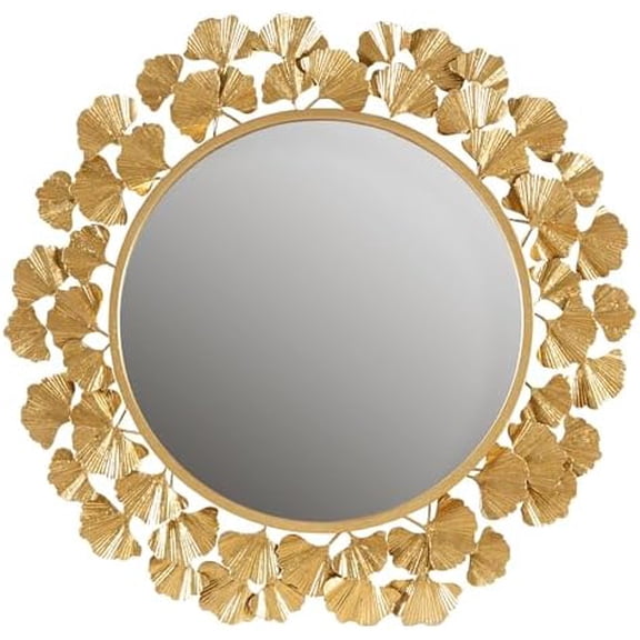 Wall Décor Large Gingko Leaf Round Wall Mirror for Living Room, Iron Metal Plate Frame Antique Finish, Ready to Hang Bedroom Decoration, Eden, 30.5", Gold