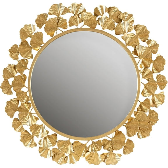 Wall Décor Large Gingko Leaf Round Wall Mirror for Living Room, Iron Metal Plate Frame Antique Finish, Ready to Hang Bedroom Decoration, Eden, 30.5", Gold
