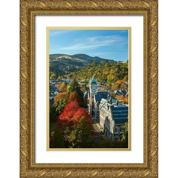Wall, David 13x18 Gold Ornate Wood Framed with Double Matting Museum Art Print Titled - Clock Tower-Registry Building-University of Otago in Autumn-Dunedin