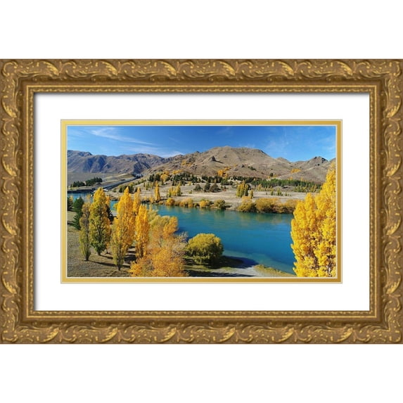 Wall, David 14x10 Gold Ornate Wood Framed with Double Matting Museum Art Print Titled - Lake Aviemore-autumn color-and camp ground-Waitaki Valley-North Otago