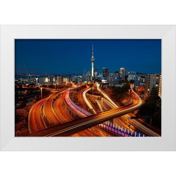 Wall, David 14x11 White Modern Wood Framed Museum Art Print Titled - Motorways-Lightpath cycleway-and Skytower at dusk-Auckland-North Island-New Zealand