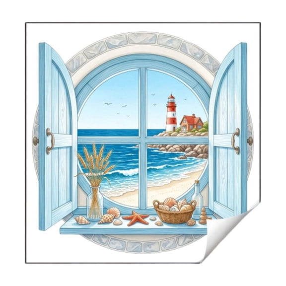 Wall Decal, 3D Fake Window Seaside Beach View, For Living Room Bedroom Study Wall Decoration, 1 Set