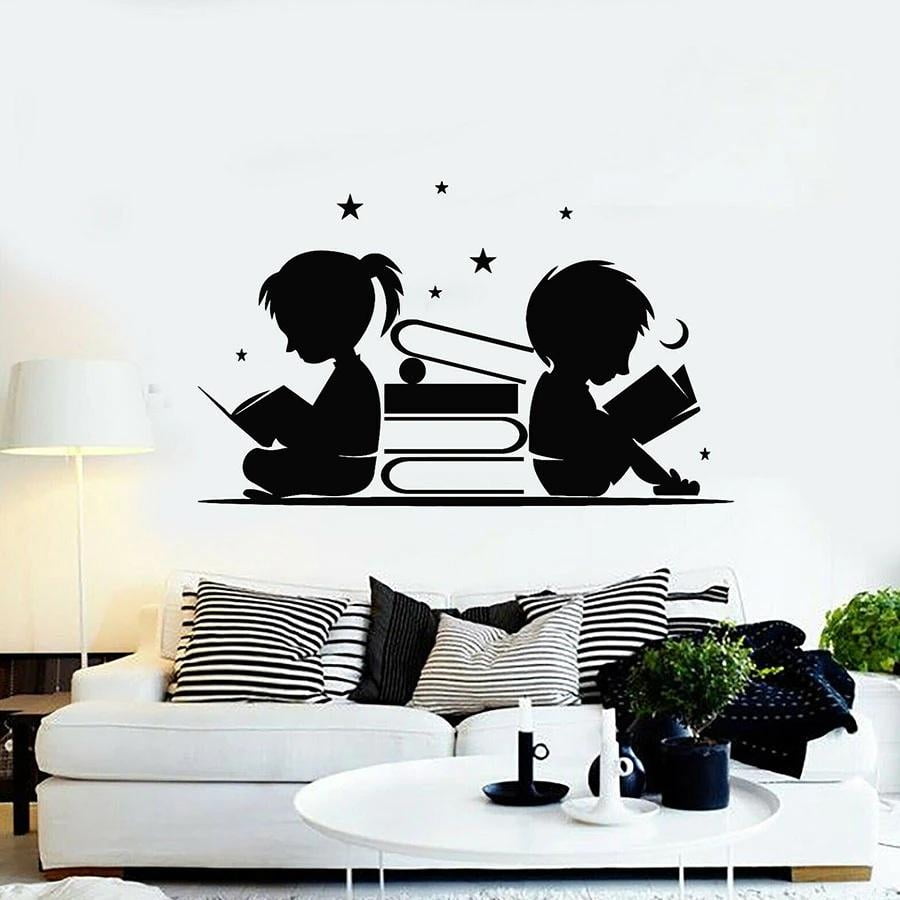 Wall Decal Child Room Nursery Bedroom Home Decor Boy Girl Read Books Stars Moon Vinyl Sticker for Library Reading Corner 57x93cm