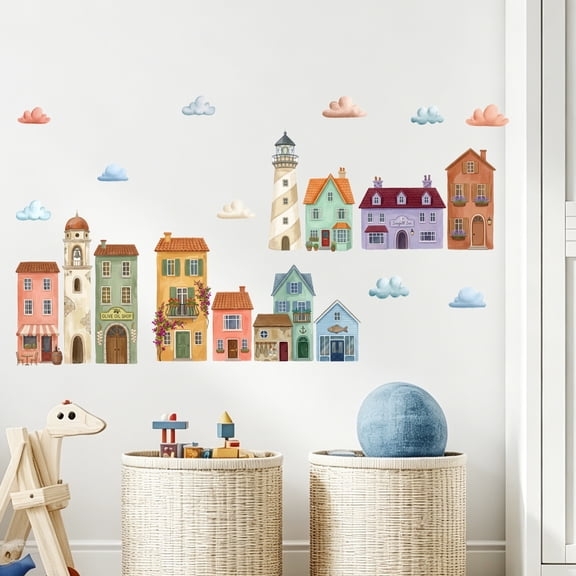 Wall Decal Creative Painted Cloud City Building 1 Set Peel and Stick Removable Vinyl Wall Sticker for Living Room Bedroom Home Decoration Wall Art Decoration