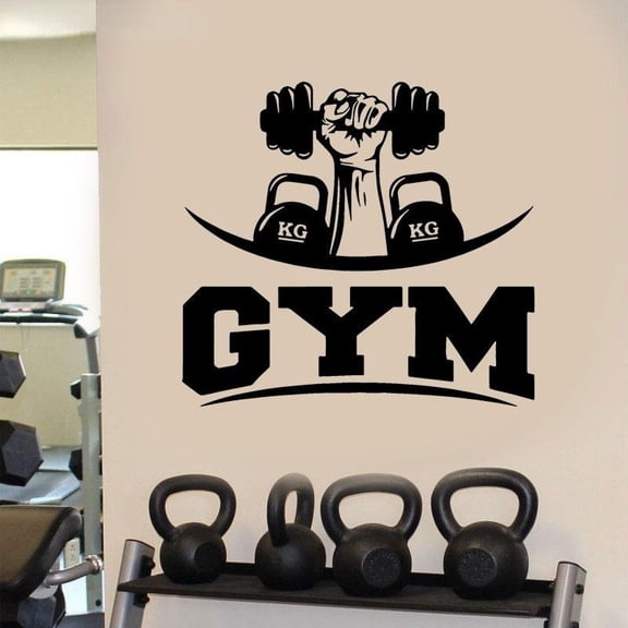 Wall Decal Fitness Sticker Bedroom Gym Lifting Weights Kettle Bell Sports Workout Gym Removable Stylish Mural Design 45x42cm