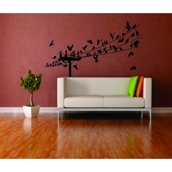 Wall Decal Flock Of Birds On A Wire And Telephone Pole – Outdoor Scene Bird Eagle Parrots Hummingbird Sparrow Worm Hawk Holiday Gift Decorating Ideas Sticker - Size: 14 Inches X 16 Inches