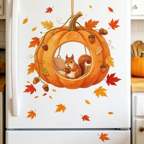 Wall Decal Halloween Cartoon Squirrel Maple Pumpkin Hanging Sticker 1 Pack Removable Self Adhesive Decor for Bedroom TV Background Wall Living Room Fall Harvest Home Party Decoration