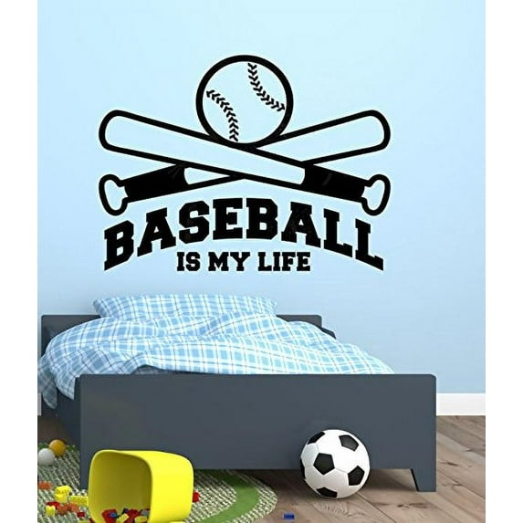 Wall Decal Stickers Baseball is My Life Wall Decals with Bat, Ball Art Vinyl Stickers For Boys COOL Room Decor, Black, 31x23-Inch