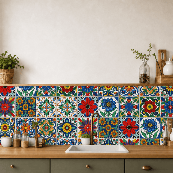 Wall Decals,Tile Sticker,Kitchen Decor, 24 Pcs Mediterranean Spanish Floral Peel‑and‑Stick Tile Decals, Waterproof Vinyl Stickers for Kitchen Backsplash, Bathroom and Stair Riser