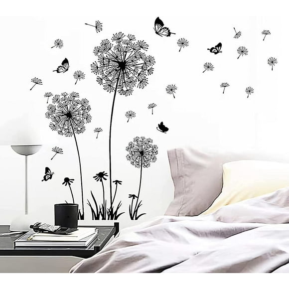 Wall Decals for Bedroom Living Room, Large Dandelion Flowers Wall Stickers & Murals 2 Sets, Big Black Peel and Stick Wall Decor with Butterflies