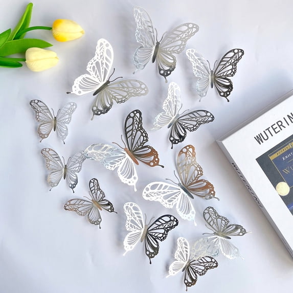 Wall Decor, 12Pcs Hollow 3D Butterfly Wall Art, Butterfly Decor for Party Supplies, Gold Party Decorations, Easy to Apply Self-Adhesive Wall Decals for Indoor Wall Art, Birthday,