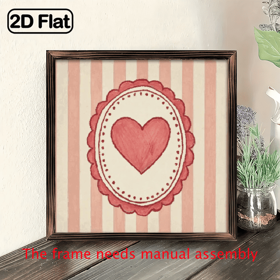 Wall Decor 2D Flat, 1Pc WoodFrame Sign Mother's Day gift Heart pattern, vintage lace border, hand-painted watercolor style Wall Art Paintings Ideal Gift For Living Room Bedroom Corridor Wall Decor