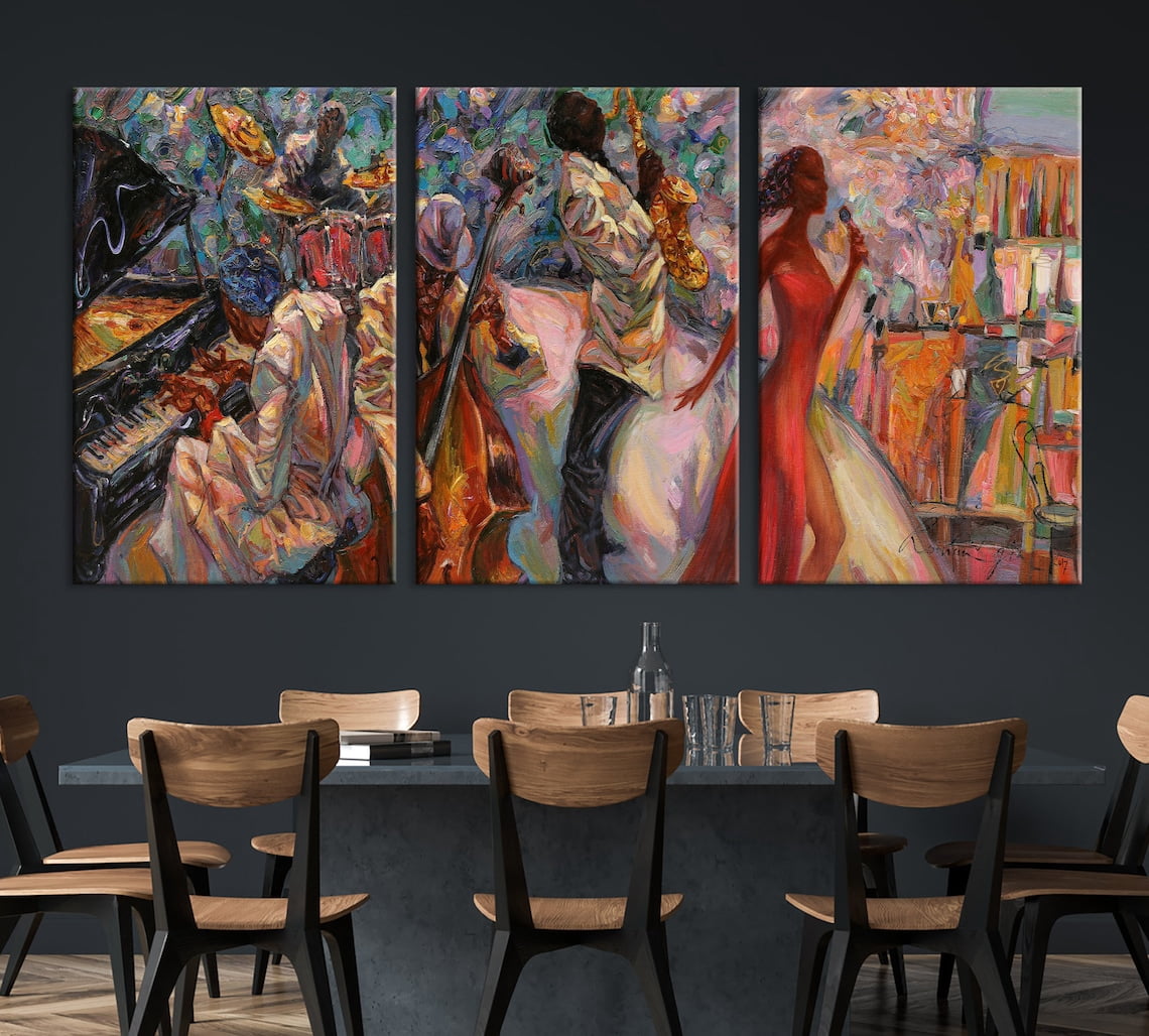 Wall Decor 3 Pieces Abstract African American Canvas Painting Jazz Music Dancer Prints Art Poster Pictures for Home Bedroom Decor with Wooden Inner Frame
