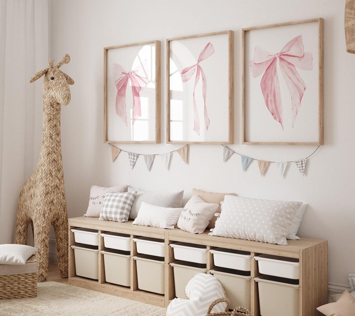 Wall Decor 3 Pieces Pink Bow Canvas Painting Bow Nursery Prints Art ...