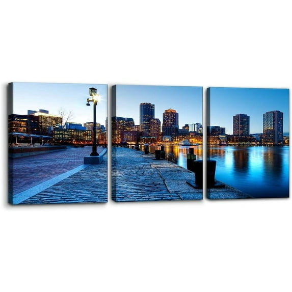 Wall Decor Art Painting 3 Piece Boston Harbor Night Scene Canvas Picture Massachusetts Cityscape Modern Artwork Downtown Skyscrapers over Harbor Prints Poster Decoration - 12" x 16" x 3