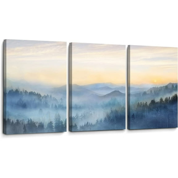 Wall Decor for Bedroom 3 Panel Sunrise Misty Forest Print Picture Paintings Wall Art for Living Room Bathroom Framed Canvas Artwork Modern Room Wall Decorations Size 12x16 x 3 Piece Ready to Hang