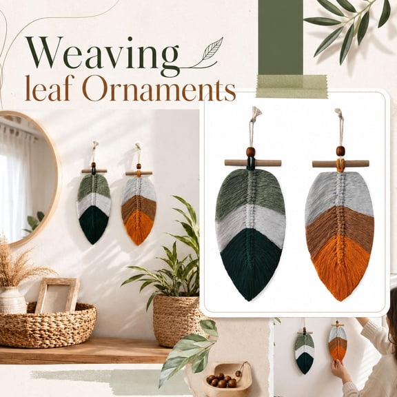Wall Decor, Boho Wall Decor, Macrame Wall Hanging, Boho Wall Hangings, 2 Pack 10X5 Inch Woven Leaf Feather Hanging Ornaments, Soft Tassel Rope Woven Wall Decorations with Wooden