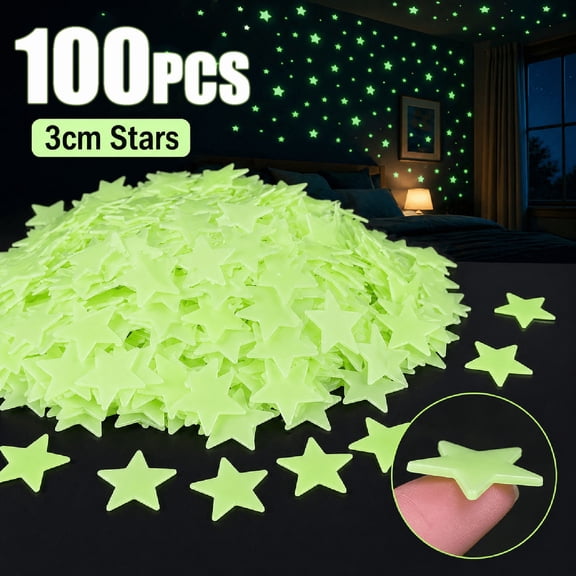 Wall Decor, Ceiling Stars Glow in The Dark, Kids Room Wall Decor, Glow in The Dark Decorations, 1 Inch 3Cm Four-Color Fluorescent 100-Count Glow Star Pack, Peel and Stick Flat