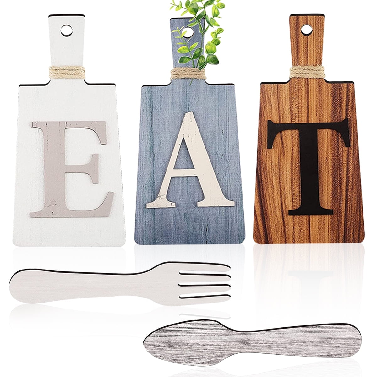 Wall Decor Cutting Board Eat Sign Kitchen Decor Hanging Art Fork and Spoon Rustic Farmhouse for Kitchen and Home