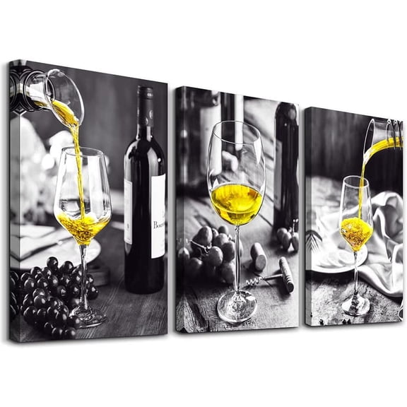Wall Decor For Dining Room Canvas Wall Art For Kitchen Black And White Wine Glasses Pictures Modern Yellow Wine Canvas Art Prints Ready To Wall Painting For Restaurant Home Decorations 12"X16" 3 Piece