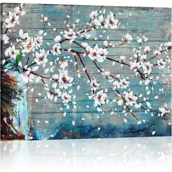 Wall Decor Floral Wall Art Bedroom Bathroom Hand Painted Blossom Magnoia Canvas Wall Art Teal And White Flower For Living Room Home Decor 12"X16"