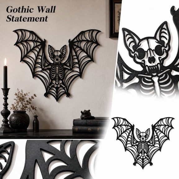 Wall Decor, Goth Decor, Skeleton Decor, Bat Decorations, 12X7 Inch Black Metal Bat Skeleton Wall Hanging, Spooky Bat Skull and Full Body Skeleton Design, Lightweight Durable Metal