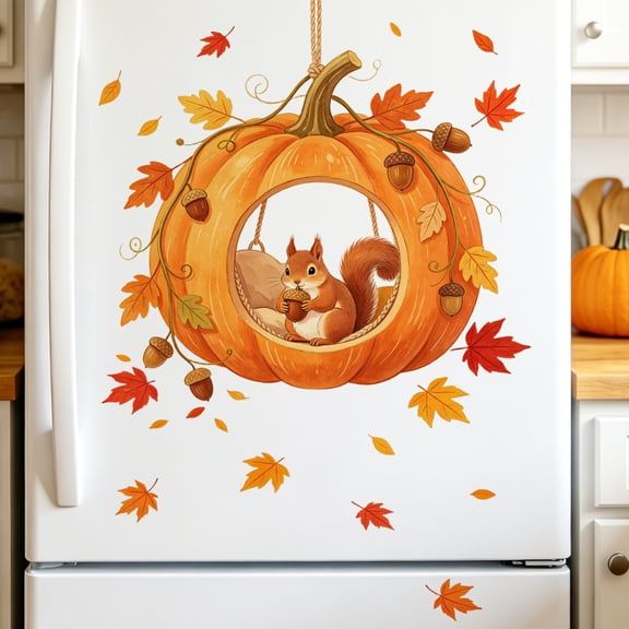 Wall Decor, Halloween Home Decor Indoor, Fall Decor for Bedroom, Wall Decals Living Room, 16X15 Inch Cartoon Squirrel Maple Leaf Pumpkin Wall Art for Bedroom Tv Background Accent
