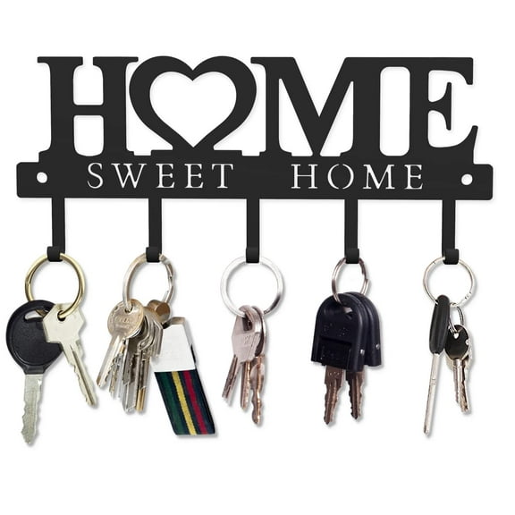 Wall Decor Key Holder with 5 Hooks, Sweet Home Metal Rack for Keys Leashes Tools, Matte Finish, Entryway Kitchen Mudroom, Black