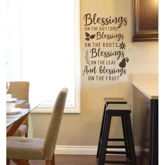Wall Decor for Kitchen - Blessings on Root Leaf Fruit - Wall Decal Quote - Removable Art Sticker Saying Verse - Made in the USA 23x16-Inch Chocolate Brown