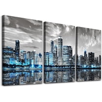 Wall Decor Living Room Modern City Chicago Skyline Pictures Canvas Wall Art for Bedroom Poster for Office Farmhouse 3 Pieces Set Wood Framed Night Scene Prints Paintings for Home