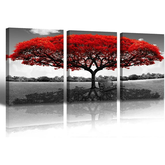 Wall Decor Living Room Red Tree - Black White and Red Nature Trees Scenery Paintings Pictures Wall Art - Modern Home Bedroom Bathroom Decorations Canvas Prints Framed Ready to Hang 12" W X16 H X 3
