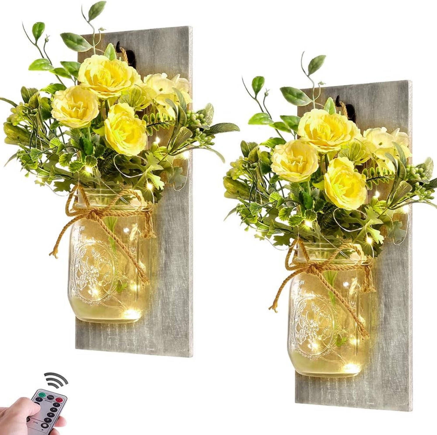 Rustic Gray Wood Mason Jar Sconces with Yellow Roses