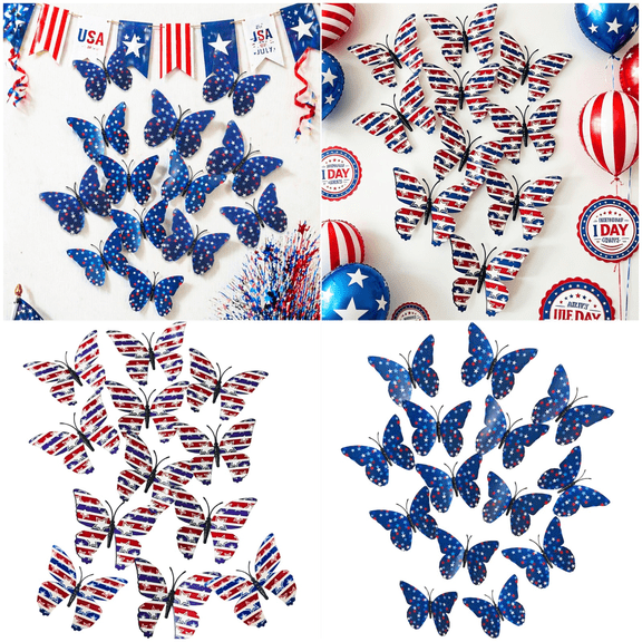 Wall Decor, Patriotic Decorations, Butterfly Wall Decals, 4Th of July Window Decorations, 12 Pc 6X4 Inch Red White Blue Star Butterfly Independence Day for Home Accent