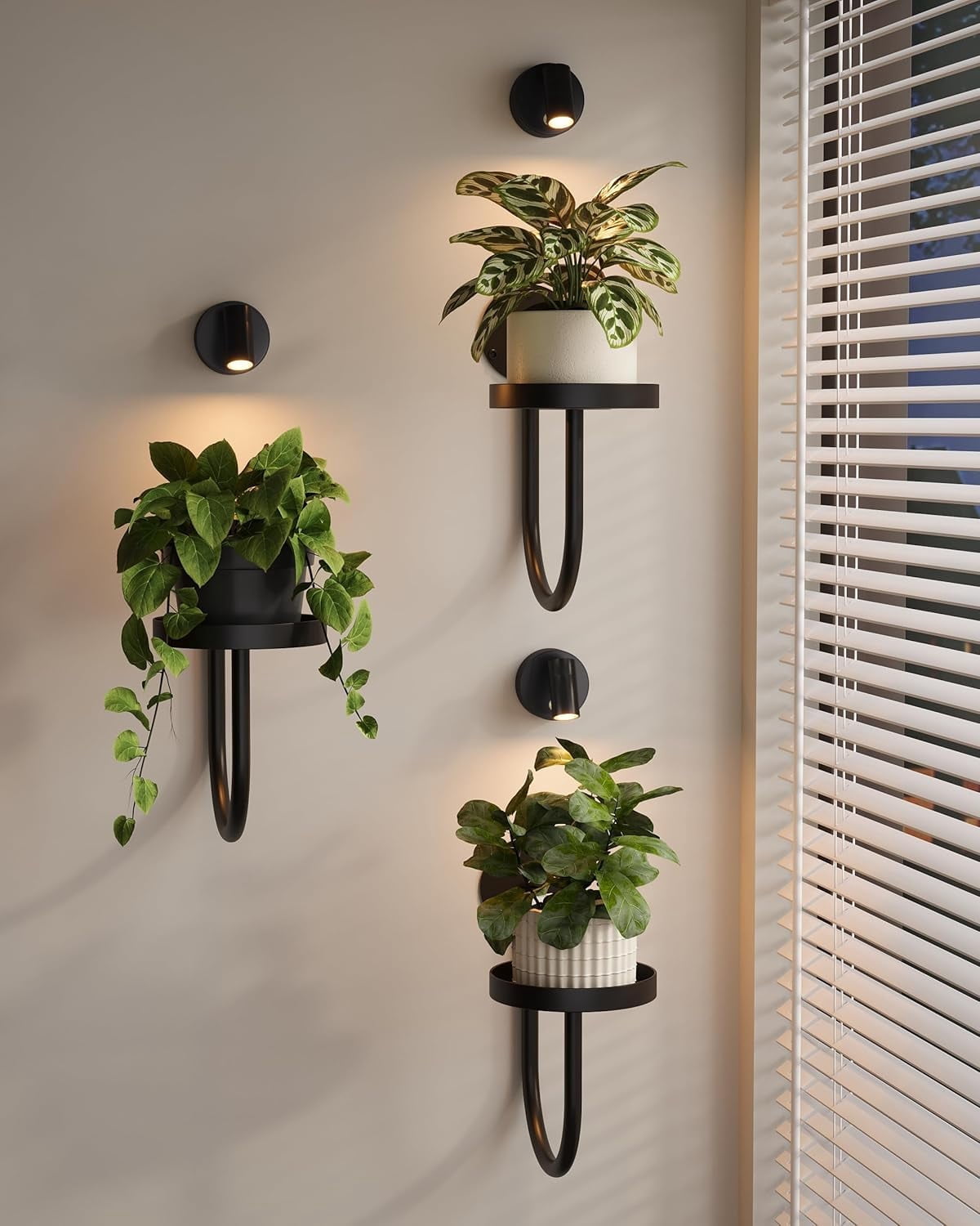 Wall Decor Plant Stand with Lights Wall Art Planters Window Plant Hanger Indoor Hanging Planters for Indoor Plants for Living Room Black