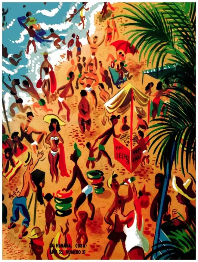 Wall Decor Poster.Fine Graphic Art Design.Summer.Crowded Beach. Room ...