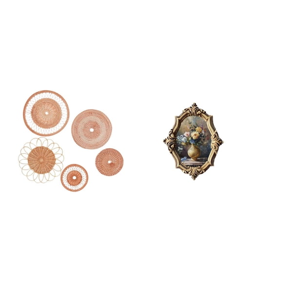 Wall Decor Set Handicraft Rattan Picture Frame Vintage Round Shape Resin Made for Home Office Porch Cafe Decoration